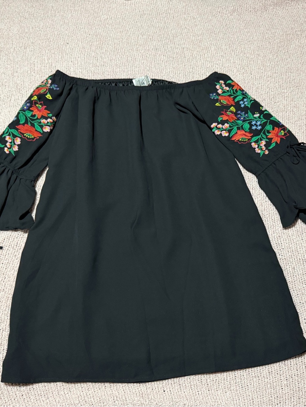 Vava by Joy Han Black Off-Shoulder Dress with Colorful Floral Embroidery